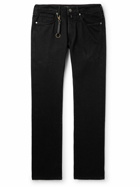 Incotex - Leather-Trimmed Straight-Leg Jeans - Black
