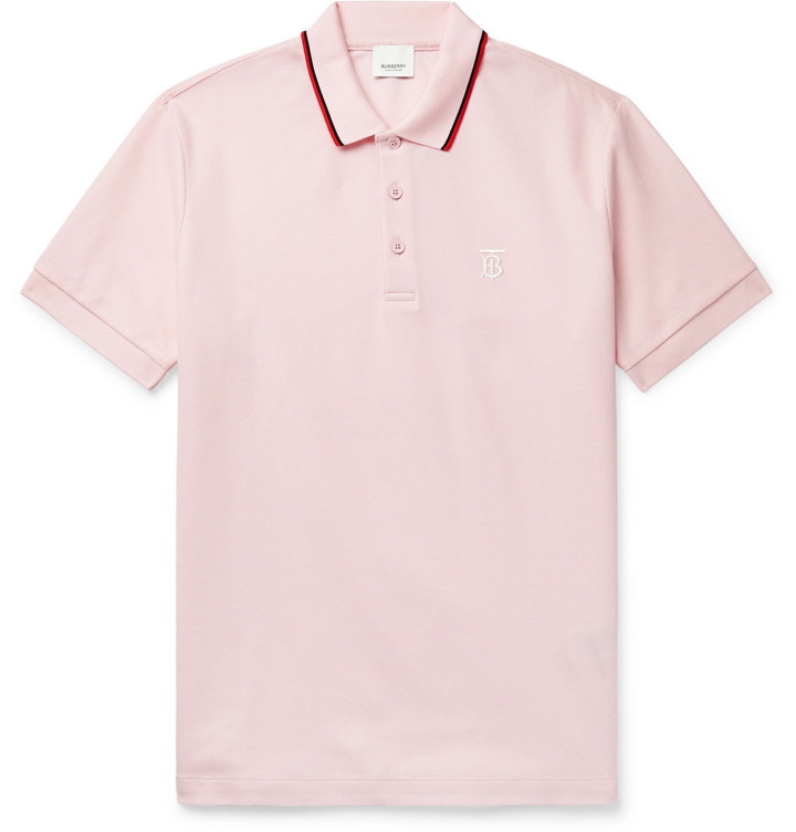 Photo: BURBERRY - Logo-Embroidered Contrast-Tipped Cotton-Piqué Polo Shirt - Pink
