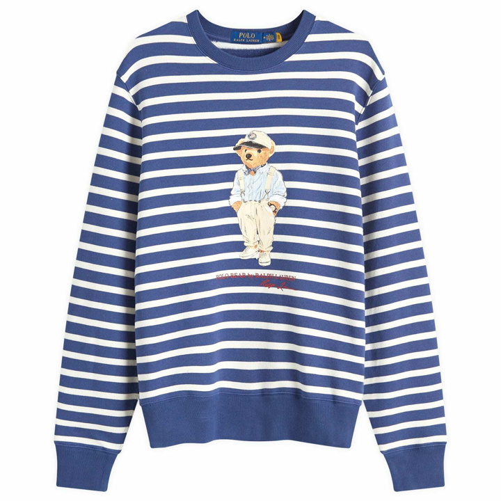 Photo: Polo Ralph Lauren Men's Hemingway Bear Stripe Crew Sweatshirt in Light Navy/Deckwash White