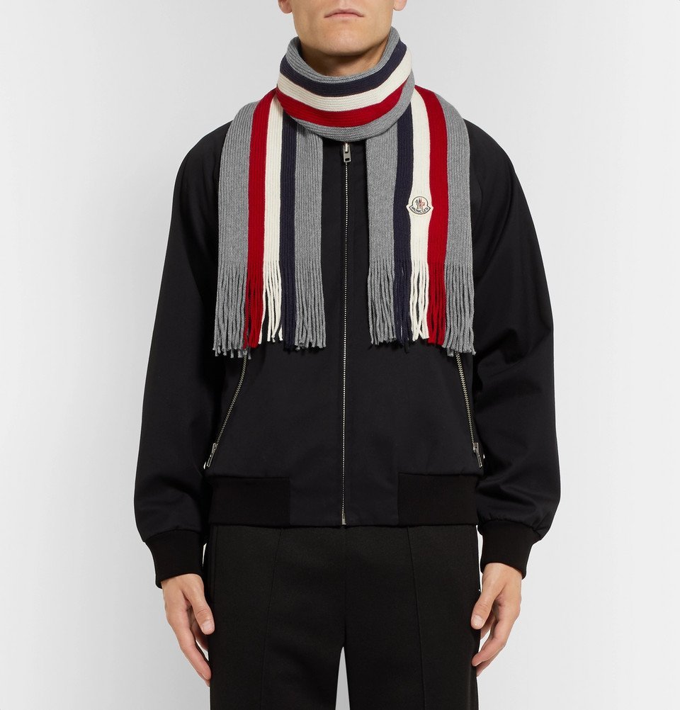 MONCLER ストライプマフラー Moncler - Striped Fringed Virgin Wool Scarf - Men - Gray Moncler