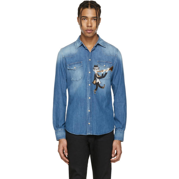 Photo: Dolce and Gabbana Blue Denim Musician Shirt