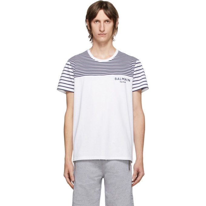 Photo: Balmain White and Navy Striped Logo T-Shirt