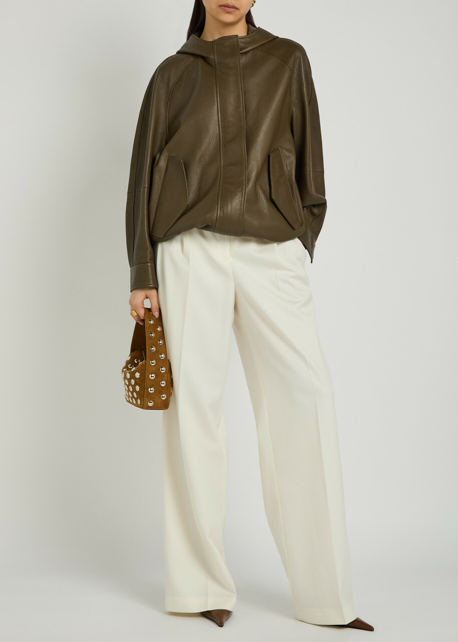 Nour Hammour Hooded Grained Leather Jacket Dark Green