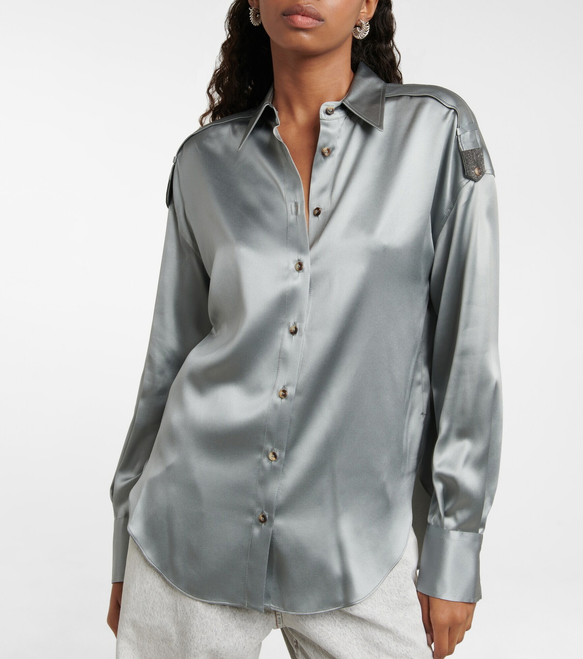 Brunello Cucinelli - Embellished silk-blend satin shirt