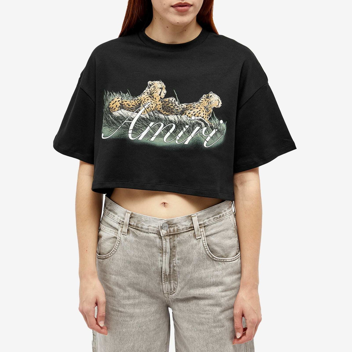 【国内在庫】 AMIRI Women's Cheetah Logo Cropped T-Shirt Amiri Tシャツ(半袖+袖なし)