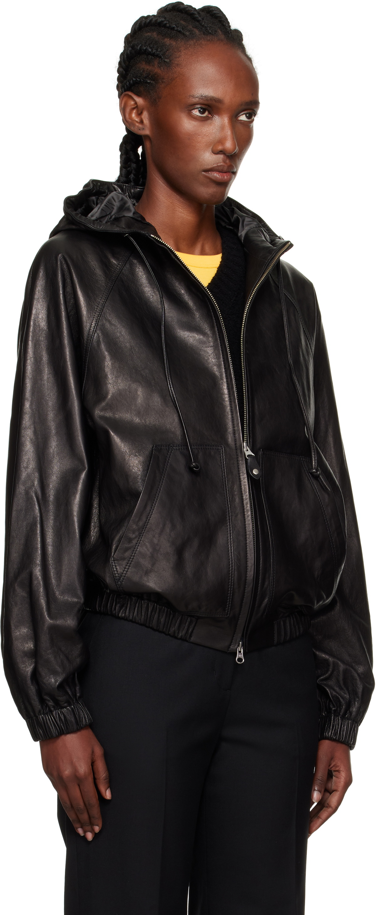 Nothing Written Black Hooded Leather Blouson Jacket