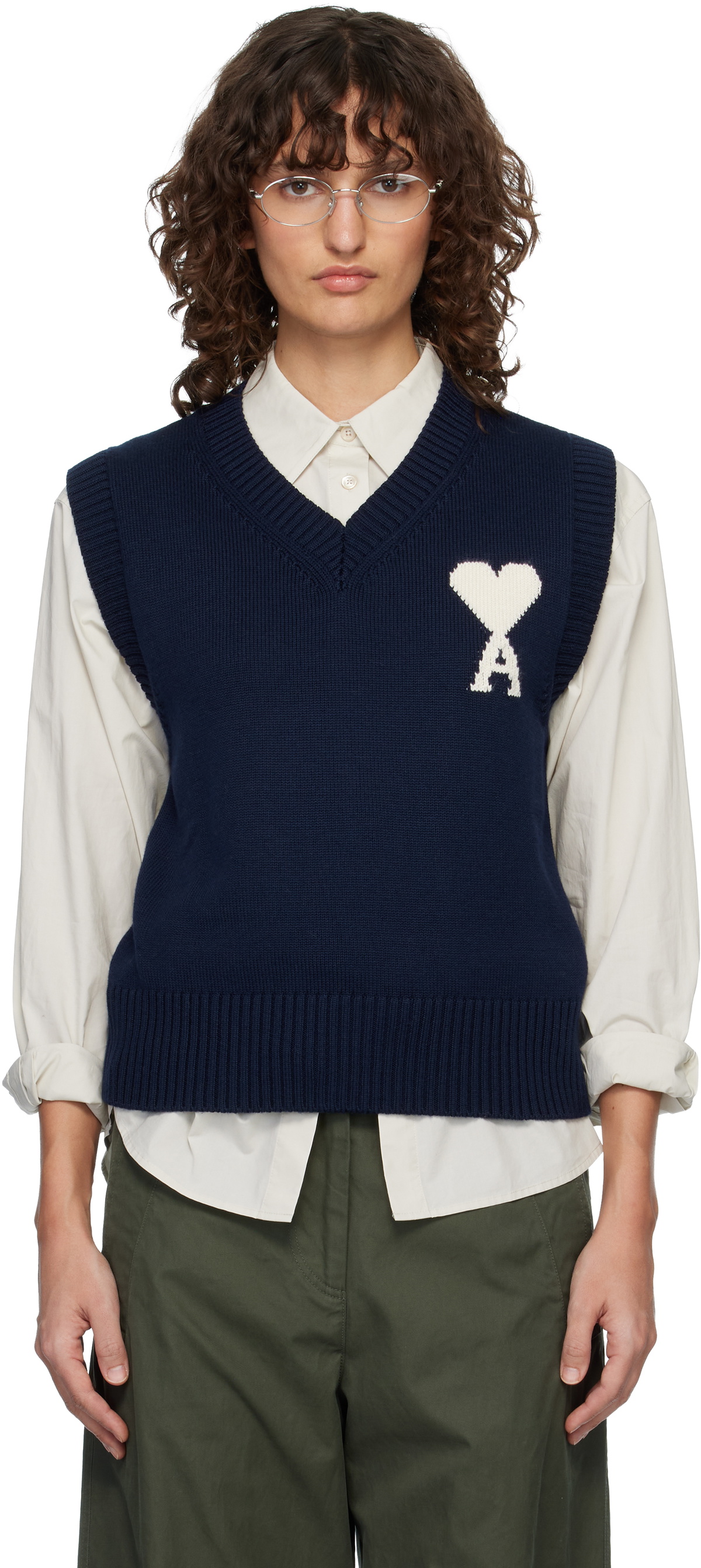 AMI Paris Navy Wool & Cotton Sleeveless Ami de Coeur Vest