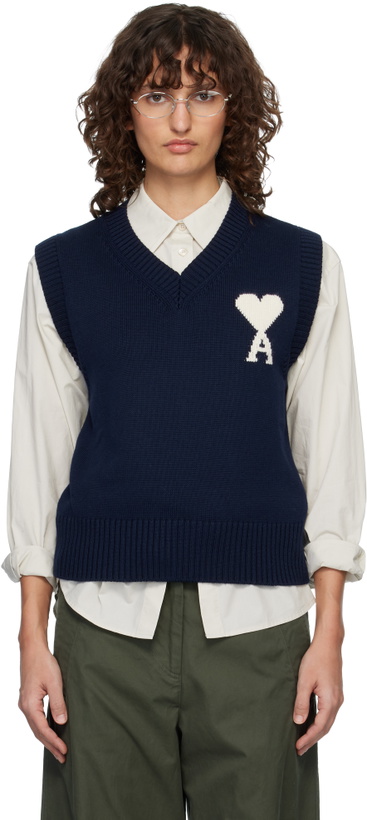 Photo: AMI Paris Navy Wool & Cotton Sleeveless Ami de Coeur Vest
