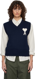 AMI Paris Navy Wool & Cotton Sleeveless Ami de Coeur Vest