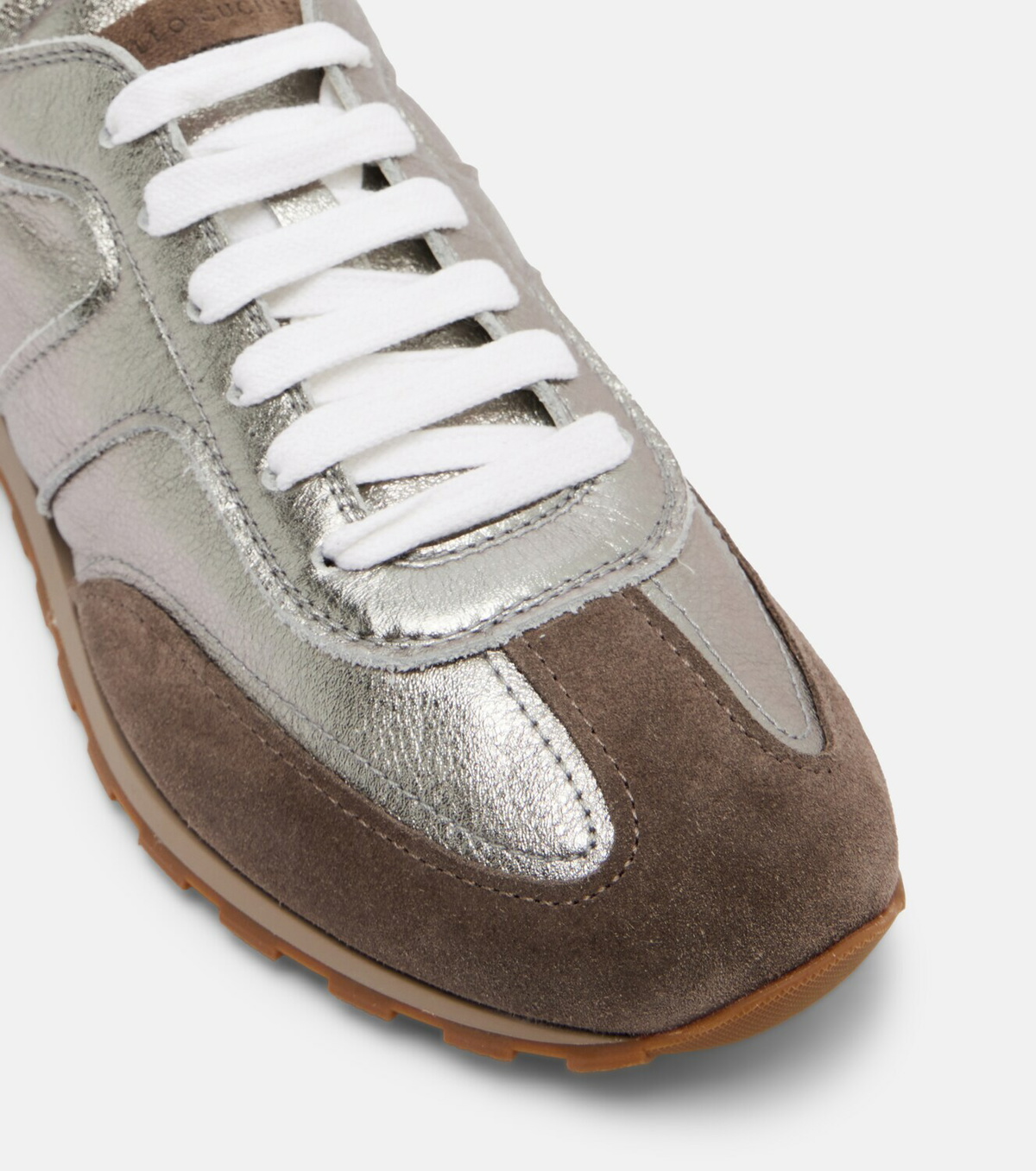 Brunello Cucinelli Monili suede-trimmed metallic leather sneakers