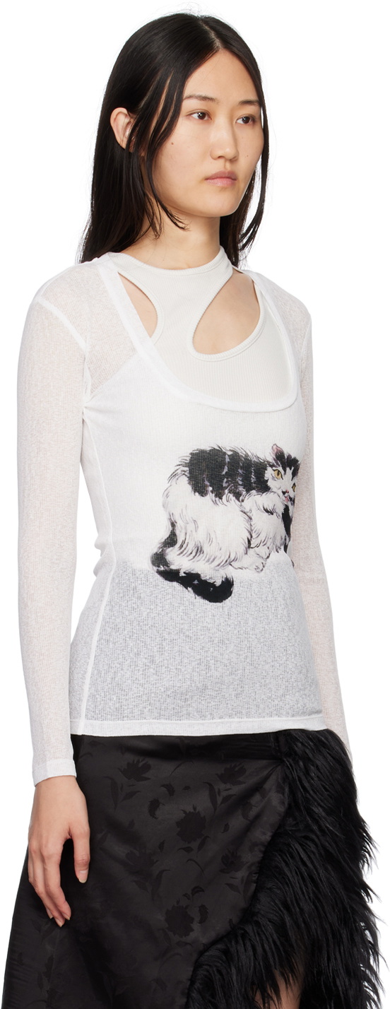 yuhan wang 猫　トップス Yuhan Wang White Cat Printed Long Sleeve T-Shirt Yuhan Wang