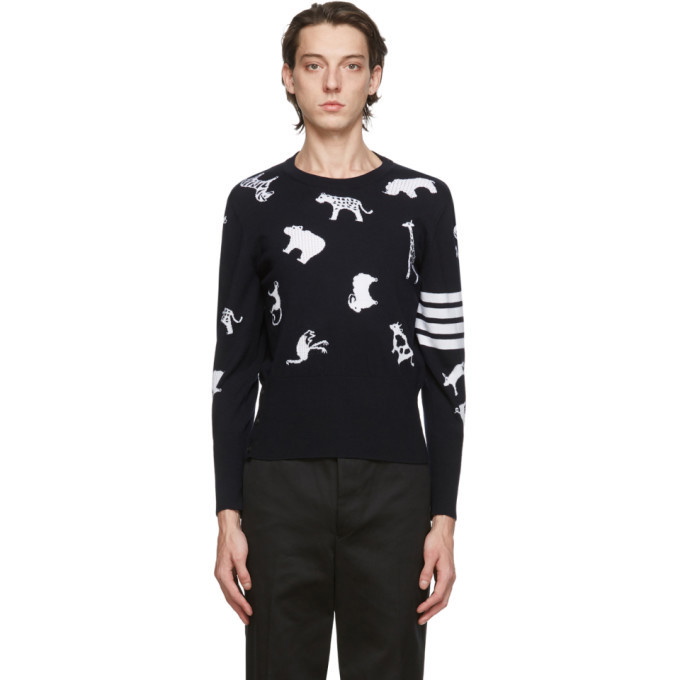 Photo: Thom Browne Navy Merino 4-Bar Intarsia Animal Sweater