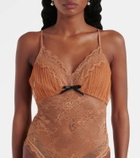 Self-Portrait Embroidered lace-trimmed mesh bodysuit