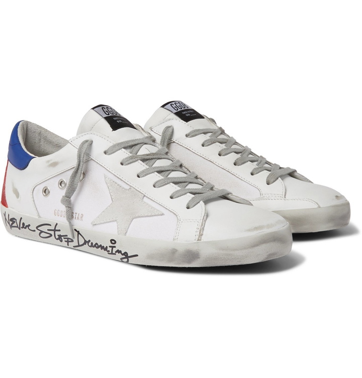 Photo: Golden Goose - Superstar Distressed Leather, Canvas and Suede Sneakers - White