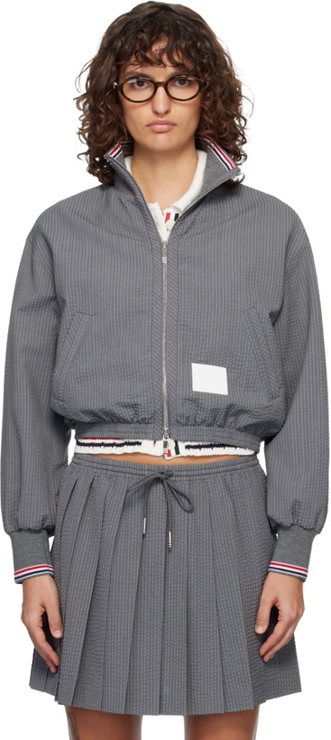 Photo: Thom Browne Gray Wool Seersucker Zip Up Track Jacket
