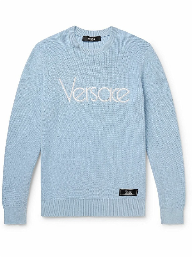 Photo: Versace - Logo-Embroidered Cotton-Blend Sweater - Blue