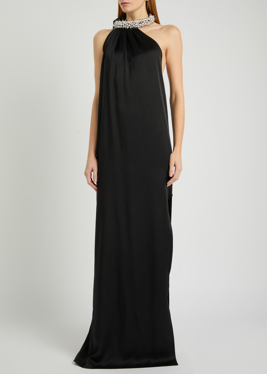 Stella Mccartney Faux Pearl-embellished Satin Gown Black