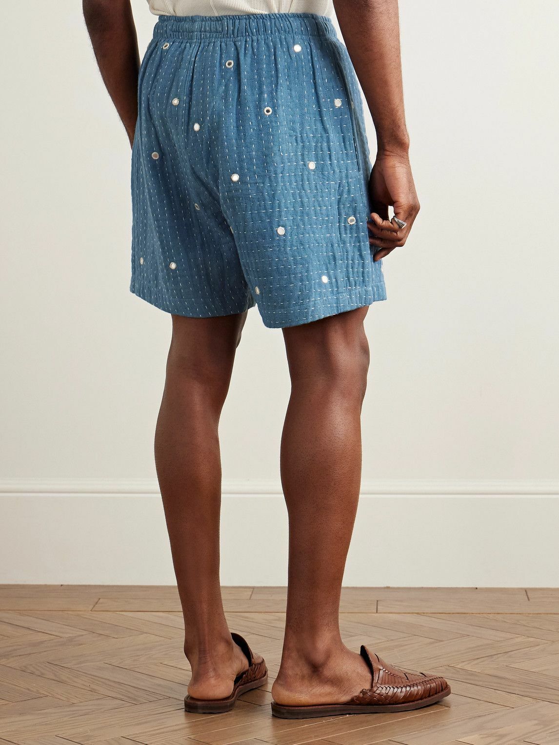 Kartik Research - Straight-Leg Embellished Kantha Cotton Drawstring Shorts - Blue