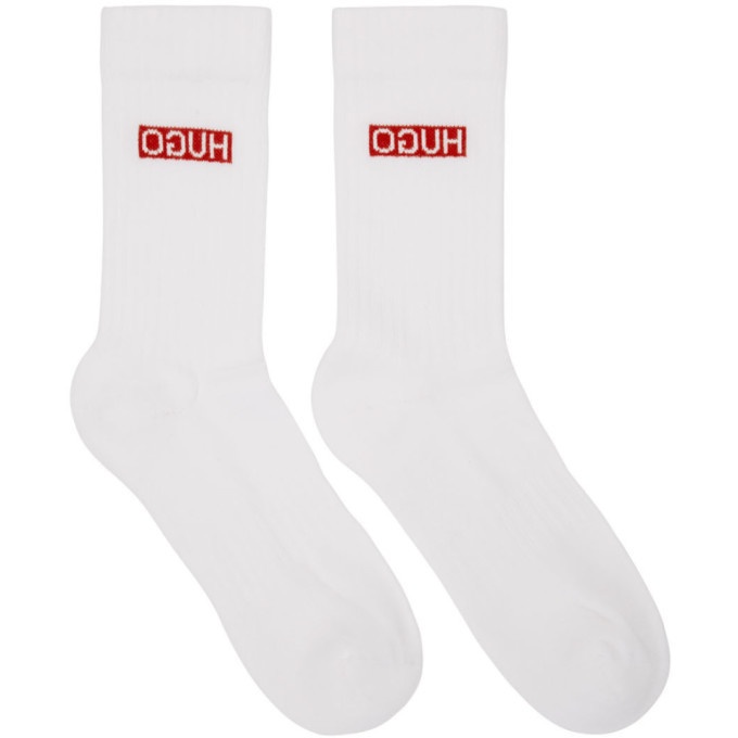 Photo: Hugo Two-Pack White Ribbed Reverse Logo Socks