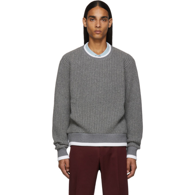 Photo: Thom Browne Grey Waffle Wool Relaxed Fit Crewneck Sweater