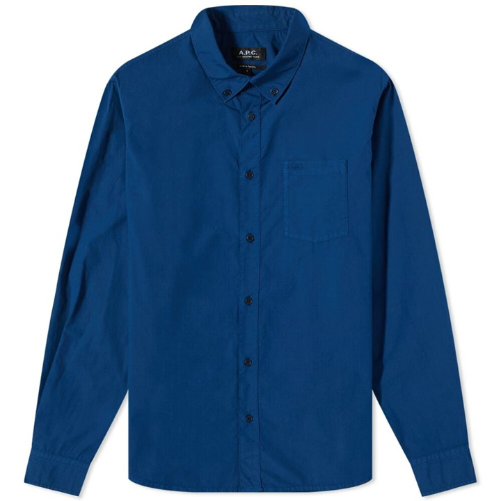 Photo: A.P.C. Men's Edouard Button Down Logo Shirt in Dark Blue