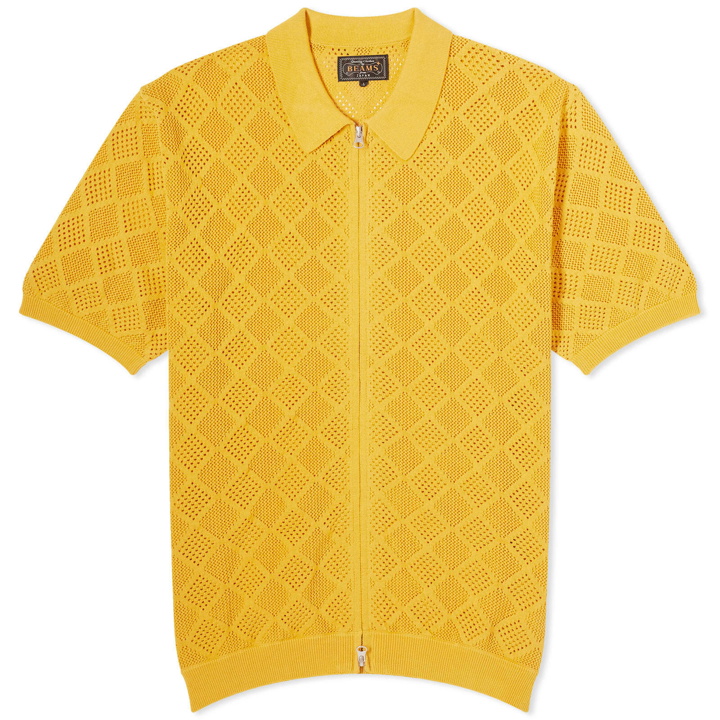 Photo: Beams Plus Men's Zip Mesh Knit Polo Shirt in Mustard