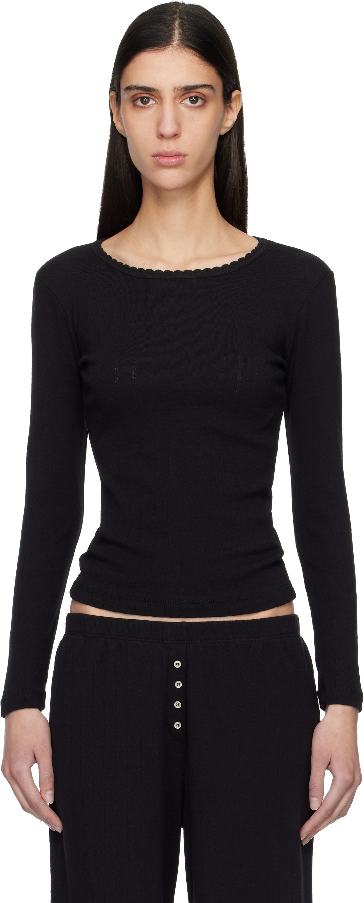 LESET Black Pointelle Slim Fit Long Sleeve T-shirt