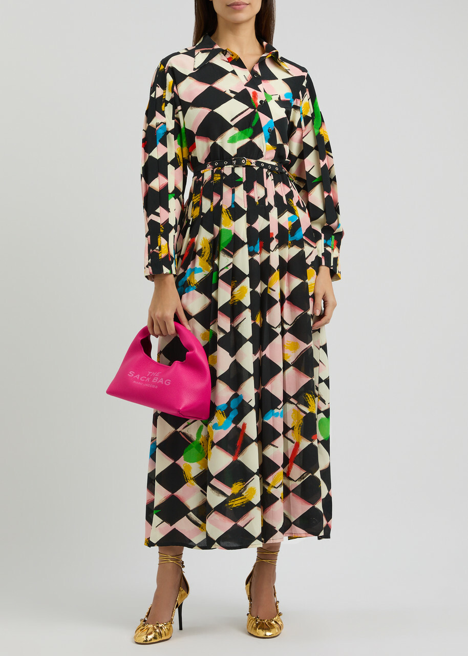 Lovebirds Printed Belted Silk Midi Shirt Dress Multicoloured