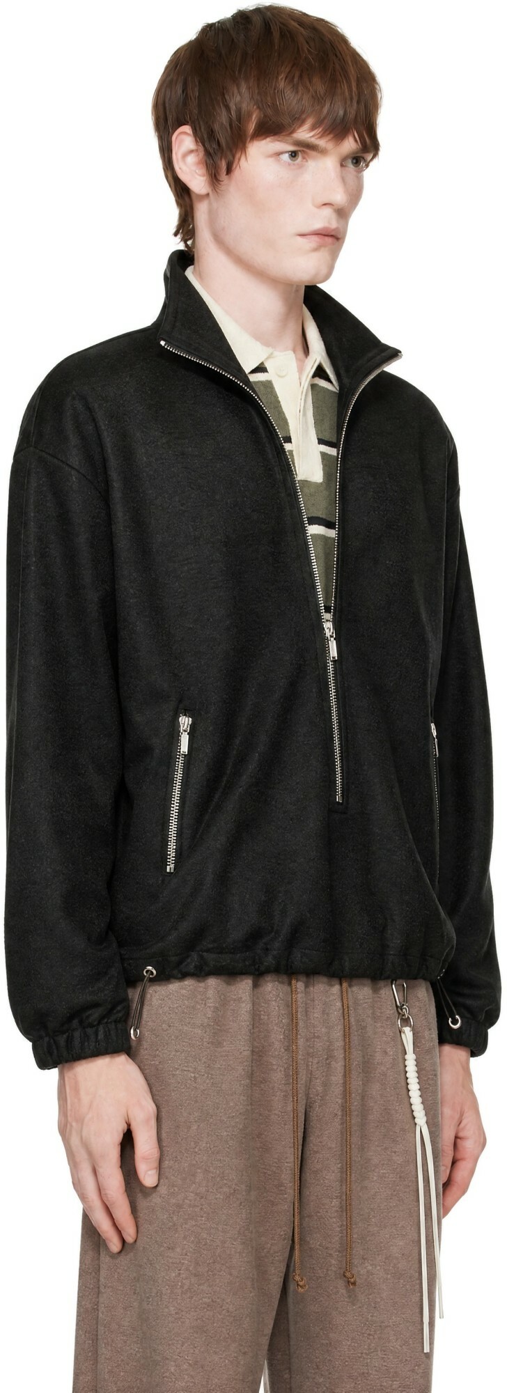 Song for the Mute Black Drape Wool Long Zip Pullover Sweater