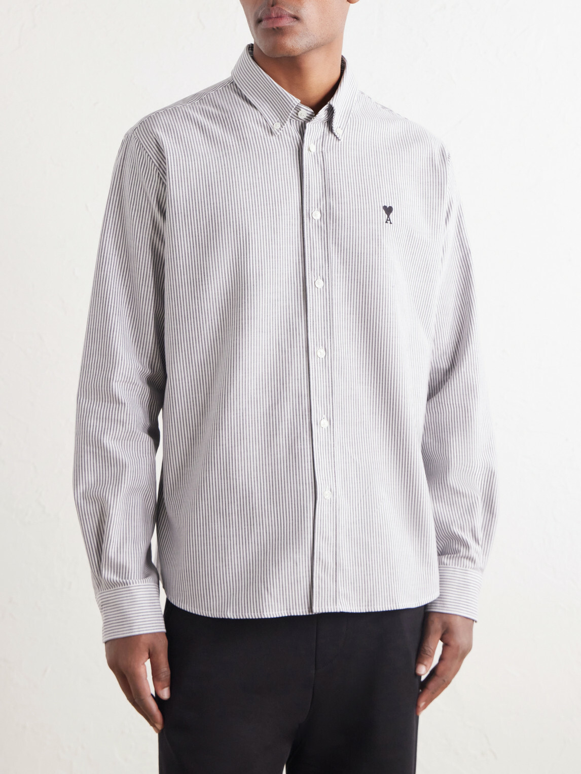 AMI PARIS - Logo-Embroidered Striped Cotton-Oxford Shirt - Gray