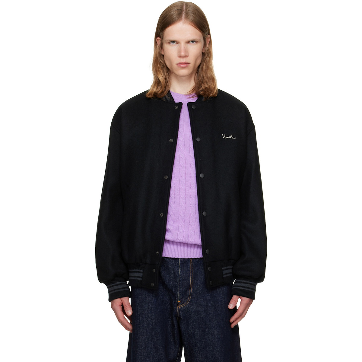 vowels Black Wool Varsity Bomber Jacket
