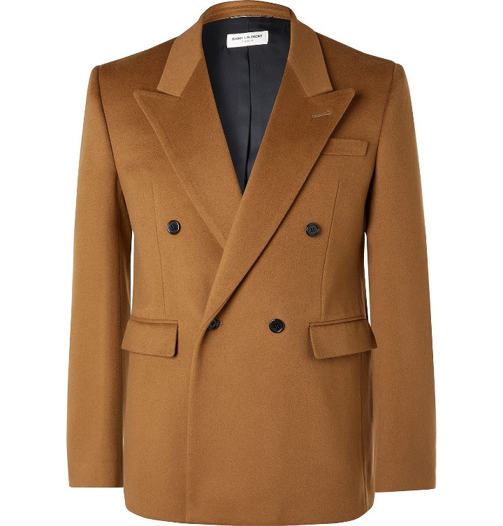 Photo: SAINT LAURENT - Double-Breasted Virgin Wool and Cashmere-Blend Blazer - Brown