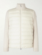 Moncler - Shell-Trimmed Ribbed Wool Down Zip-Up Cardigan - Neutrals