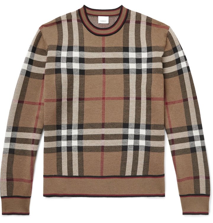 Photo: BURBERRY - Checked Merino Wool Sweater - Brown