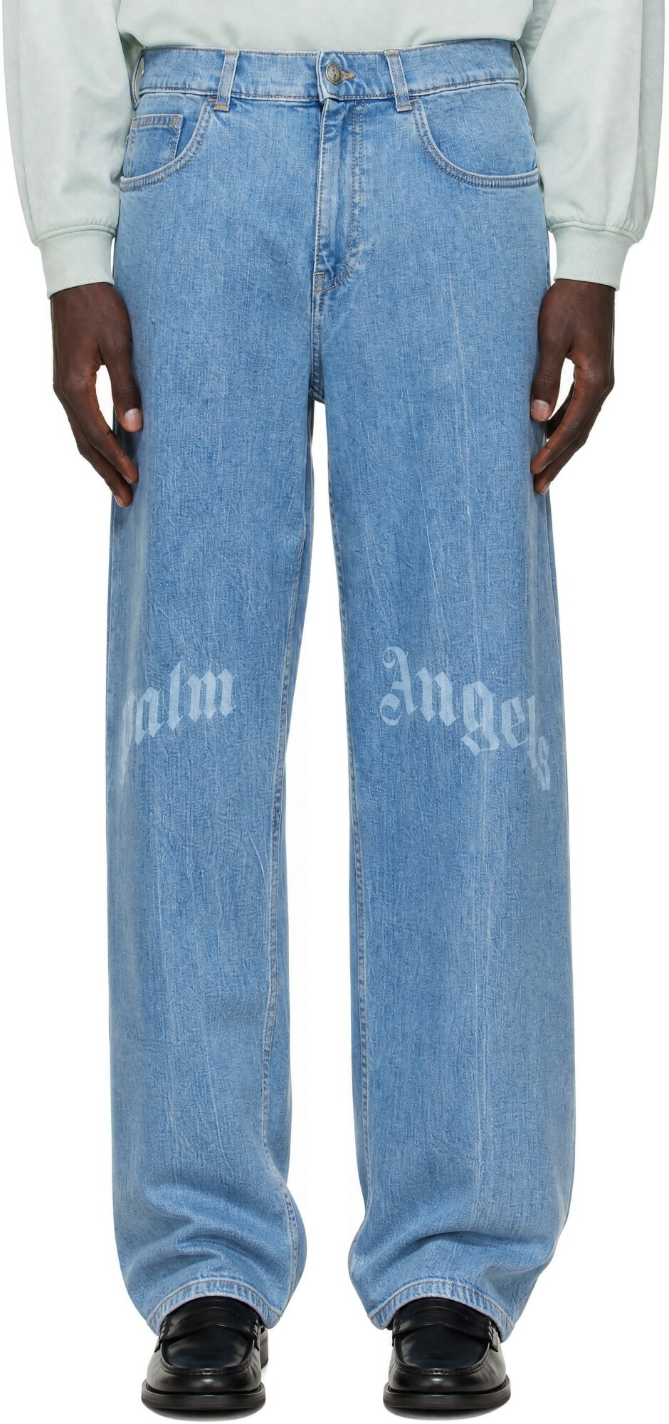 Palm Angels Blue Splitted Curved Logo 5-Pocket Jeans