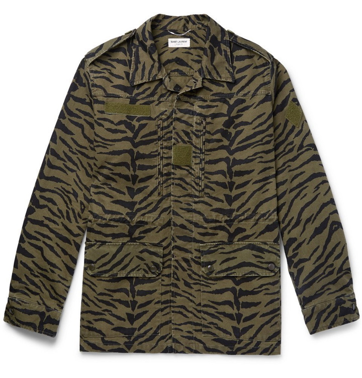 Photo: SAINT LAURENT - Printed Cotton and Ramie-Blend Field Jacket - Army green
