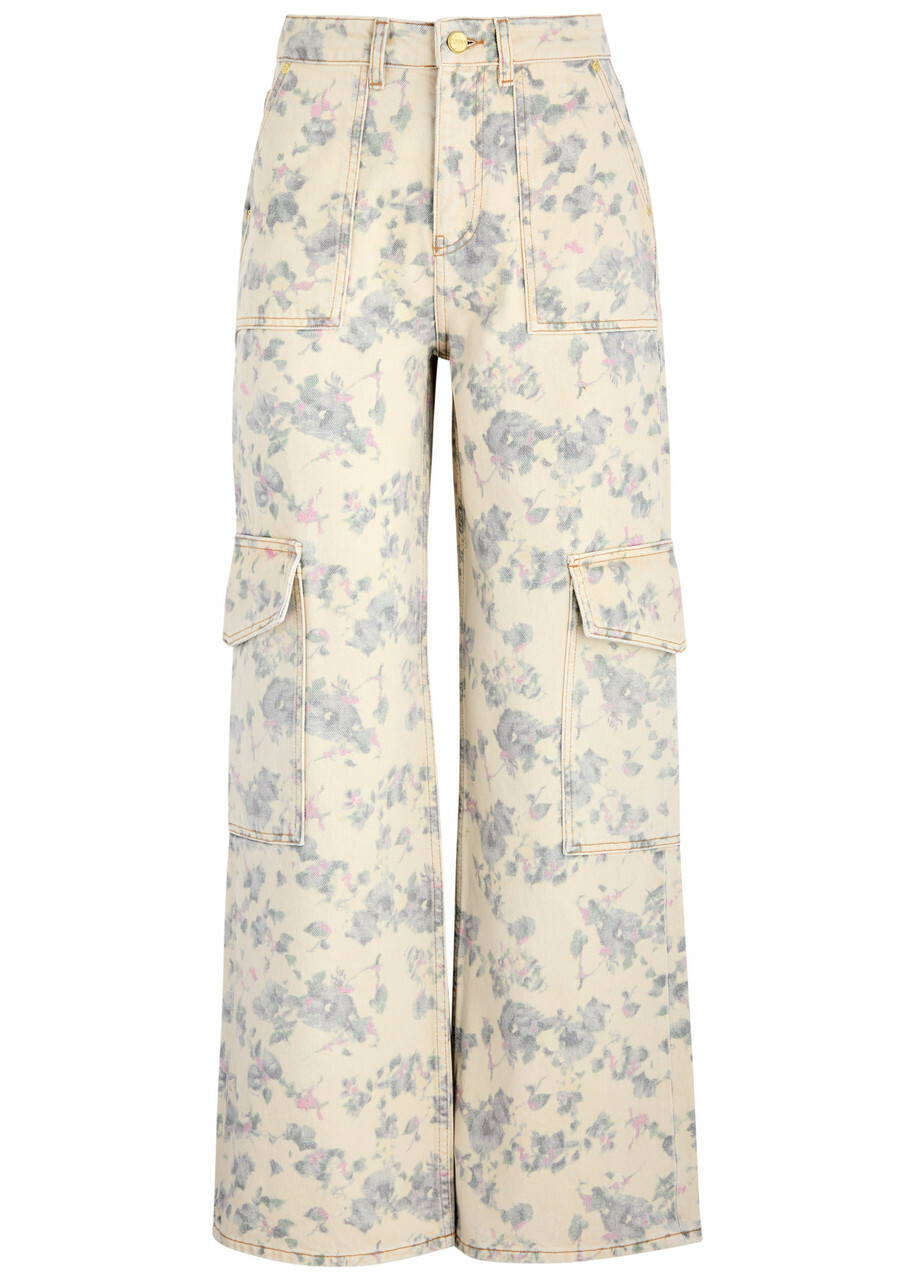 Ganni Floral-print Straight-leg Cargo Jeans Beige GANNI