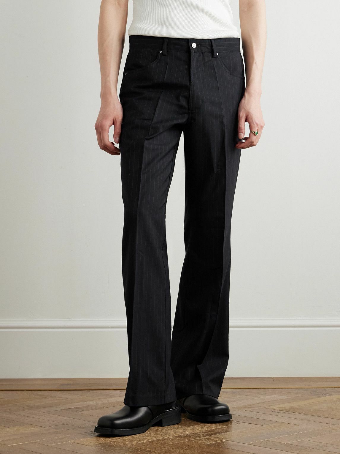 SECOND / LAYER - Flared Pinstriped Wool Trousers - Black