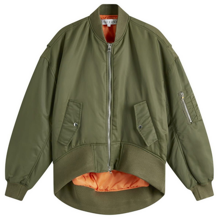 Photo: JW Anderson Men's Oversized Curved Hem Bomber Jacket in Olive