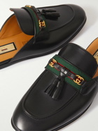 GUCCI - Webbing-Trimmed Leather Tasselled Backless Loafers - Black