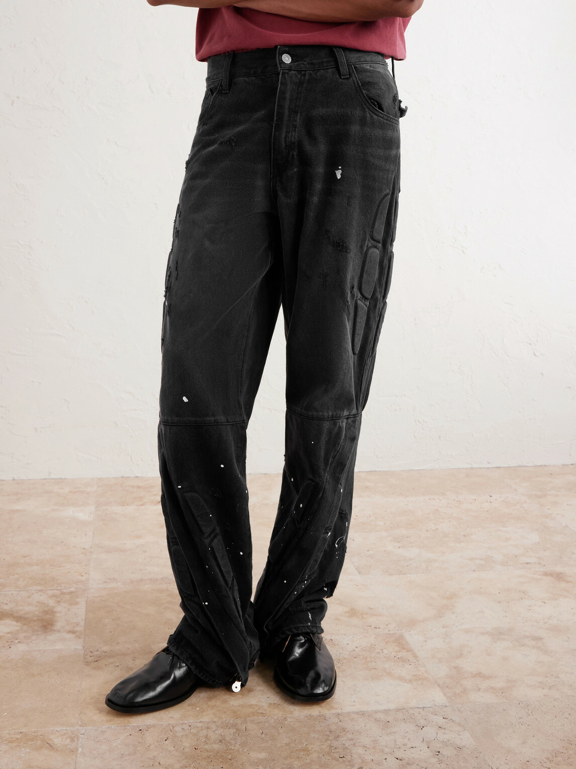 Satoshi Nakamoto - Enduro Straight-Leg Padded Paint-Splattered Jeans - Black