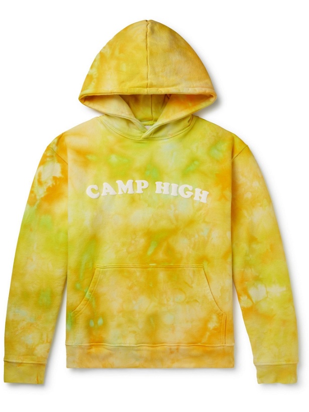 Photo: CAMP HIGH - Counselor Logo-Print Tie-Dyed Loopback Cotton-Jersey Hoodie - Yellow