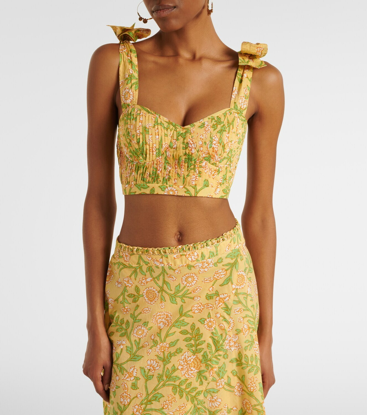Poupette St Barth Carla pleated floral cotton crop top