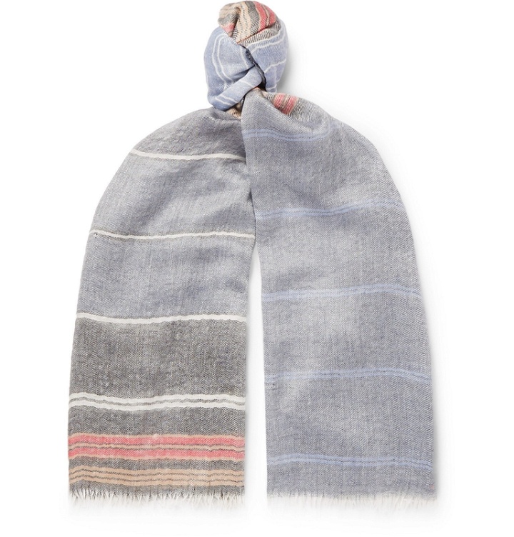 Photo: Begg & Co - Staffa Fringed Striped Cashmere and Silk-Blend Scarf - Blue