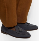 Rubinacci - Marphy Leather and Suede-Trimmed Herringbone Linen Tasselled Loafers - Navy