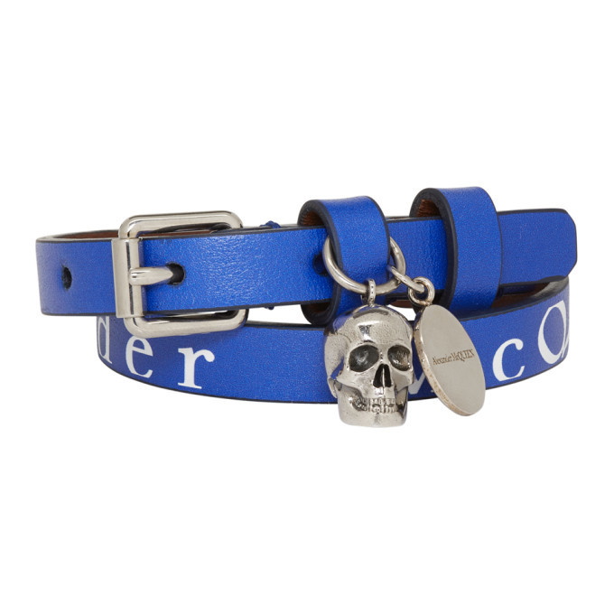 Photo: Alexander McQueen Navy and White Logo Double Wrap Skull Bracelet