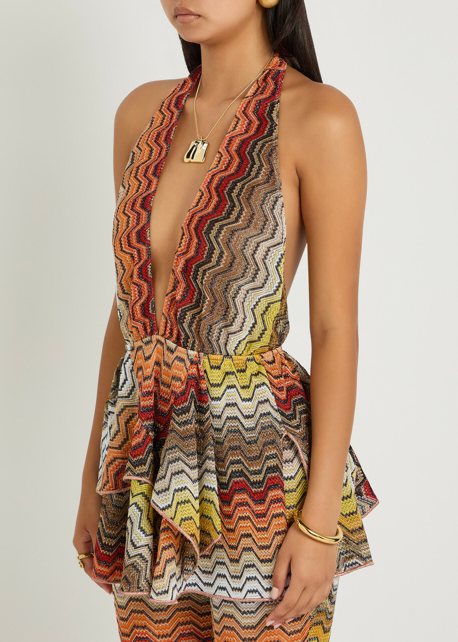 Missoni Zigzag Halterneck Metallic-knit Cover-up top Beige