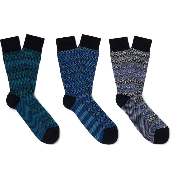 Photo: Missoni - Three-Pack Crochet-Knit Cotton-Blend Socks - Blue