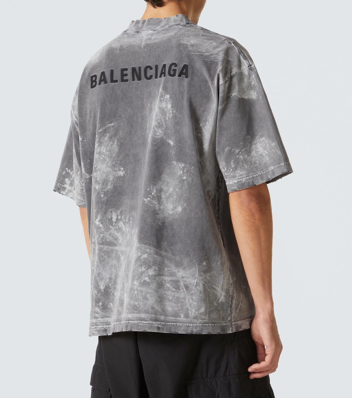【BALENCIAGA】 Distressed cotton jersey T-shirt Gray Distressed Logo-Embroidered Cotton-Jersey T-Shirt