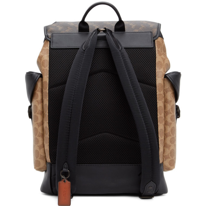 coach hitch backpack with horse and carriage print Club de Mode Signature coated canvas printed coated canvas and refined pebble leather Inside zip and multifunction pockets Double zip closure fabric lining Handle with 2 1/4 drop Outside zip pocket Adjustable shoulder straps 10 3/4 (L) x 12 1/2 (H) x 4 3/4 (W) Style No. Restored Hitch Backpack With Horse